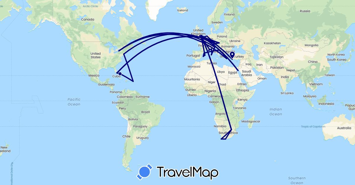 TravelMap itinerary: driving in Albania, Austria, Bahamas, Germany, Egypt, Spain, France, United Kingdom, Greece, Croatia, Italy, Netherlands, Turkey, United States, South Africa (Africa, Asia, Europe, North America)